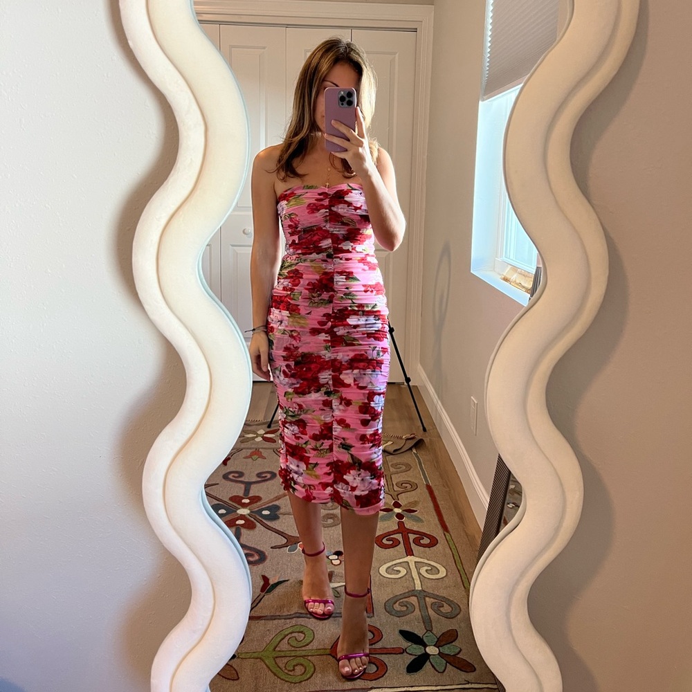 L'Agence Floral Caprice Strapless Midi Dress (0)